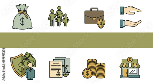 Set of eight professional financial and business protection icons.