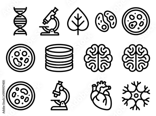 Biology and Life Science Outline Icons Set with DNA, Microscope, Brain, Heart, and Laboratory Research Symbols