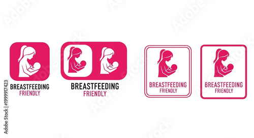 Breastfeeding friendly signs and icons set with nursing mother illustrations.