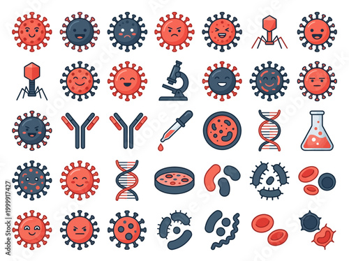Virology and Microbiology Icon Set: Cute Cartoon Virus Characters, Bacteria, Laboratory Tools, DNA, and Medical Science Symbols in Flat Line Art Style