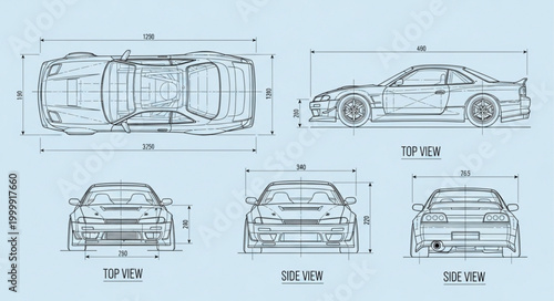 Technical drawing of a sports car from multiple angles.