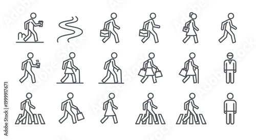 Set of human activity and walking style line art icons.