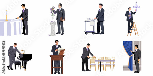 Set of illustrations depicting a professional butler and event coordinator performing various service and preparation tasks for luxury hospitality events.