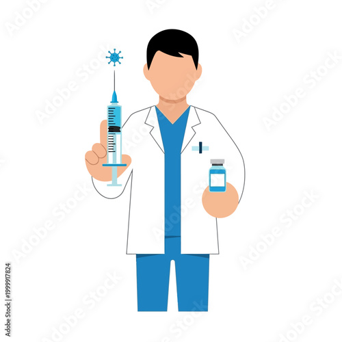 Doctor holding syringe with vaccine and vial, fighting virus icon
