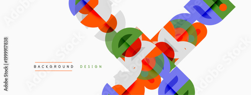 Abstract geometric shapes overlap, creating dynamic visual texture. Bright colors contrast against white background. Modern design element.