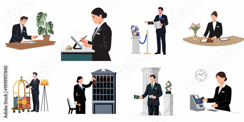 Collection of flat vector illustrations depicting professional hotel staff performing various hospitality duties like check-in, baggage handling, and guest assistance.