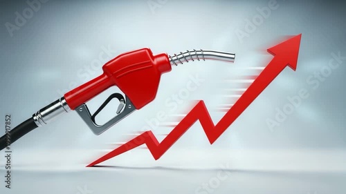 Fuel Price Surge: A red fuel pump nozzle is dramatically juxtaposed with a rising arrow, visually conveying the soaring costs of gasoline.