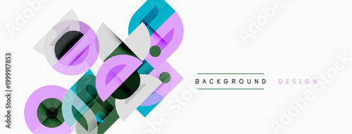 Abstract geometric shapes overlap, creating modern design. Colors include blue, green, purple, gray. Minimalist style, clean lines present.