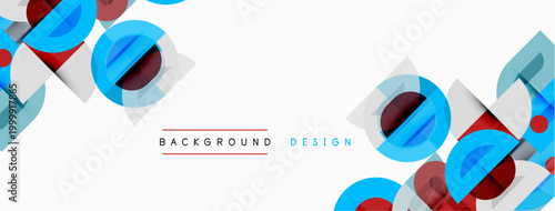 Abstract geometric shapes, blue, red, gray. Minimalist design over white background. Modern style, clean lines, dynamic composition.