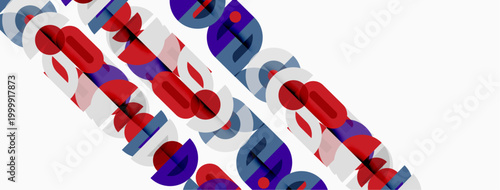 Abstract graphic design features overlapping colorful letterforms. Red, blue, purple hues dominate white background. Modern aesthetic.