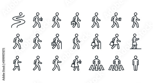 Collection of walking people and pedestrian line art icons.