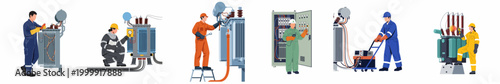 Set of professional electrical technicians and engineers performing maintenance and testing on high-voltage transformers and control panels in industrial settings.