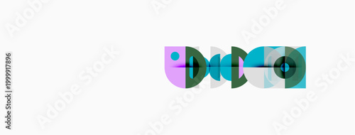 Abstract design features overlapping semicircles, teal, purple hues. Minimalist composition on white background. Modern aesthetic.