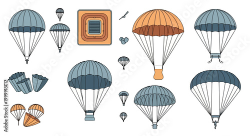 Multiple parachute designs and some smaller objects are depicted.