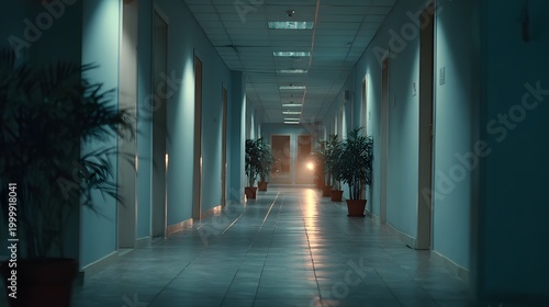 Long dimly lit corridor with potted plants and shiny floor