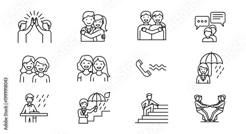 Set of human interaction and social connection line icons.
