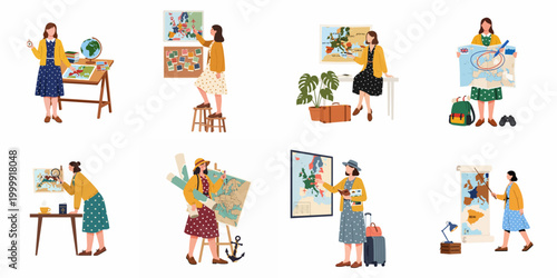 Flat Illustration Set of a Woman Planning a Trip with Maps, Globe, and Suitcases