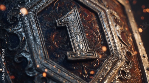 Antique Number One Embossed: A close-up view of an antique metal plate intricately embossed with the number 1, showcasing the beauty of age and detailed craftsmanship.
