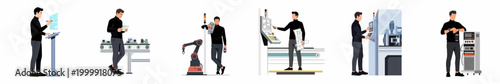 Set of flat illustrations featuring a male engineer operating modern industrial machinery, robotic arms, and advanced digital control systems in a smart factory.