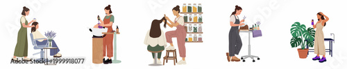 Flat vector illustration set of women experiencing various natural hair care treatments and styling services at an organic aromatherapy salon and spa.
