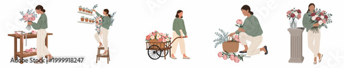 Set of flat vector illustrations featuring a female florist arranging bouquets, gardening, and working with pink peonies and eucalyptus leaves.