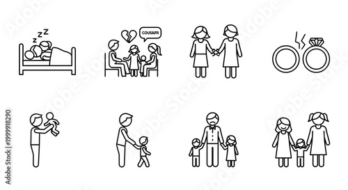 Set of line art icons depicting various family and relationship dynamics.