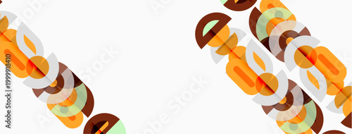 Abstract design features repeating text elements. Warm colors dominate composition, creating dynamic visual effect. Minimalist style, modern aesthetic.