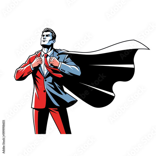 Superhero businessman in suit and cape, confident pose, ready for action