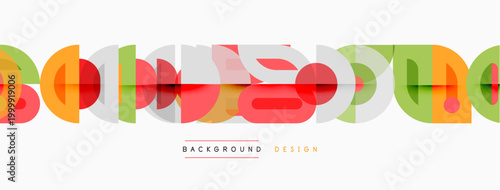 Geometric shapes create colorful background. Modern design features overlapping elements, vibrant hues, simple forms. Clean aesthetic.