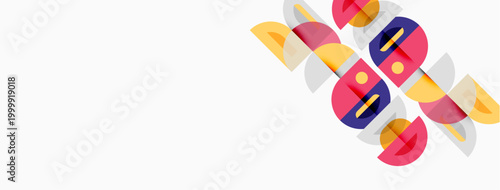 Abstract geometric shapes overlap, creating colorful design. Minimalist composition features circles, rectangles, vibrant hues. Modern aesthetic.