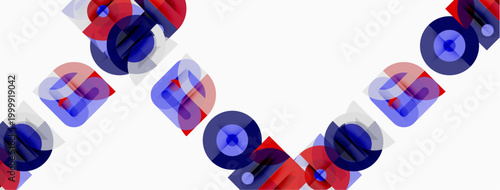 Abstract geometric shapes, circles, squares overlap. Red, blue hues dominate white background. Modern design element.