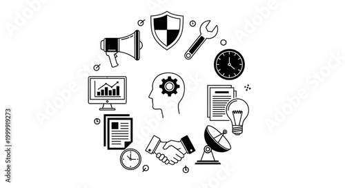 Business concept with icons arranged in a circle.