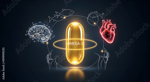 Omega-3 Fish Oil Capsule Supplement Infographic with Brain Heart and Joint Health Icons