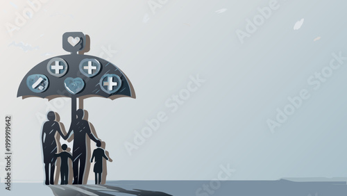 Family standing under a protective umbrella with medical symbols representing healthcare and safety
