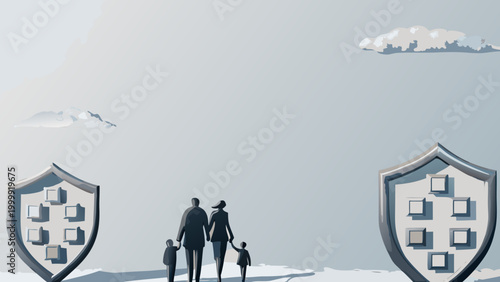 Family walking towards future with protection and security surrounded by shields and a serene landscape