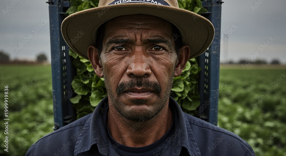 Obraz premium Close-up portrait of male farm worker in agricultural field. Serious hispanic farmer carrying crate of freshly harvested lettuce. Human face of food industry and manual labor concept
