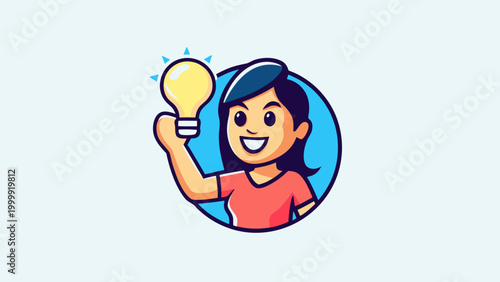 Cheerful cartoon girl holding a glowing lightbulb with a confident expression in a blue circle on white background