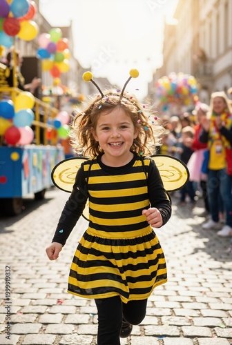 Girl in bee costume running during festive street parade. children dressed as funny characters on street carnival with confetti. Celebration Wallpaper, poster.