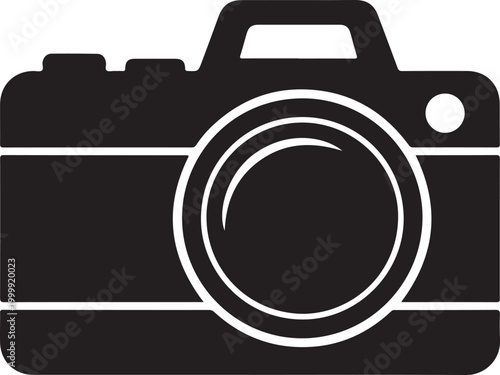 Black and white flat of a digital slr camera with a large lens, shutter button, and flash indicator on a plain background