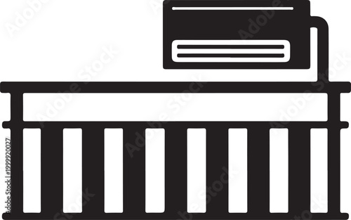 Black and white line of a reception desk with a sign, featuring a flat counter and a rectangular wall-mounted display board above it