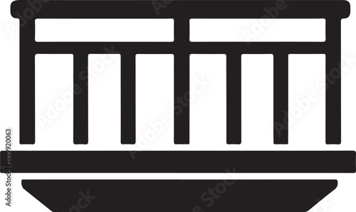 Black and white of a balcony railing with vertical balusters and a solid base platform, isolated on a white background