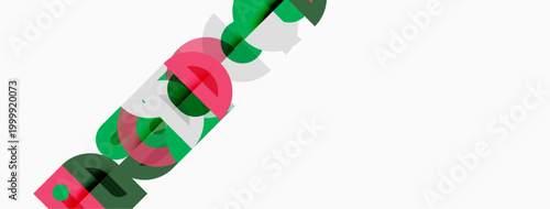 Letters form diagonal line. Colors varyred, green, gray, black. Simple design, white background dominates image.