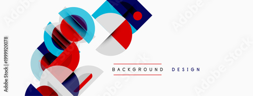 Abstract geometric shapes overlap, creating dynamic composition. Red, blue, white colors dominate design. Minimalist style.