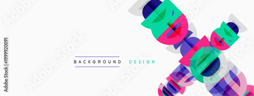 Abstract geometric shapes overlap, creating vibrant colorful background. Text reads background design centrally positioned.