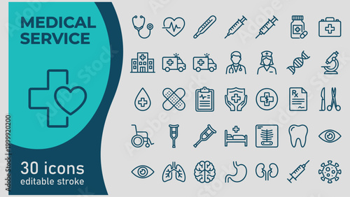 Medical service icons set including health symbols and hospital signs for healthcare design