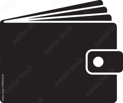 Black and white of a closed leather wallet with a snap button closure and visible paper inserts or cards inside