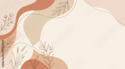 Soft Beige and Peach Botanical Abstract Background with Delicate Leaves and Floral Motifs.