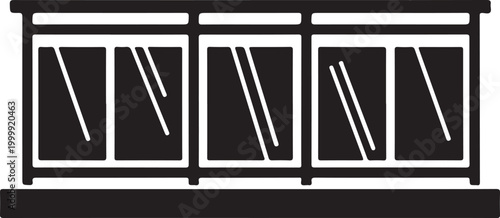 Black and white of a multi-paneled glass display case or storefront window