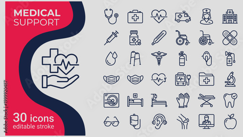 Medical support icons set with various health related symbols and objects  editable stroke