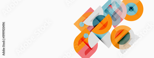 Abstract geometric shapes overlap, creating colorful composition. Circles, squares, rectangles present modern design elements. Minimalist aesthetic.